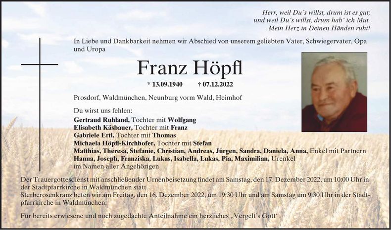 Traueranzeige Franz Höpfl