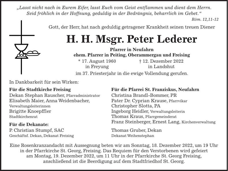 Traueranzeige H. H. Msgr. Peter Lederer