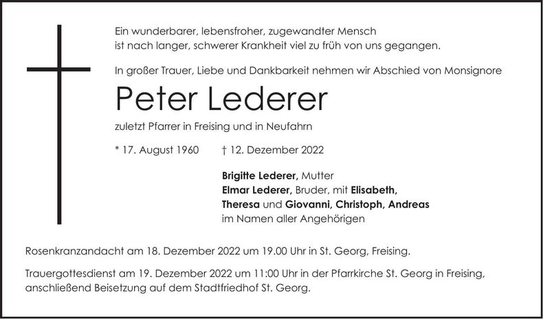 Traueranzeige Peter Lederer