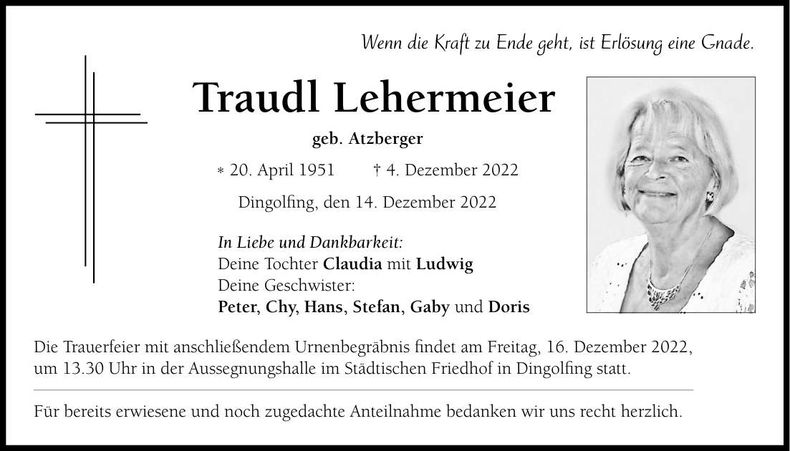 Traueranzeige Traudl Lehermeier