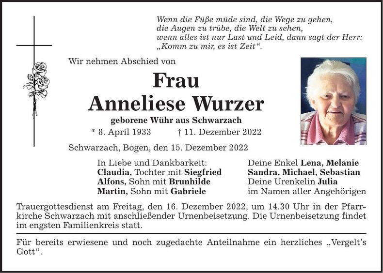 Traueranzeige Anneliese Wurzer