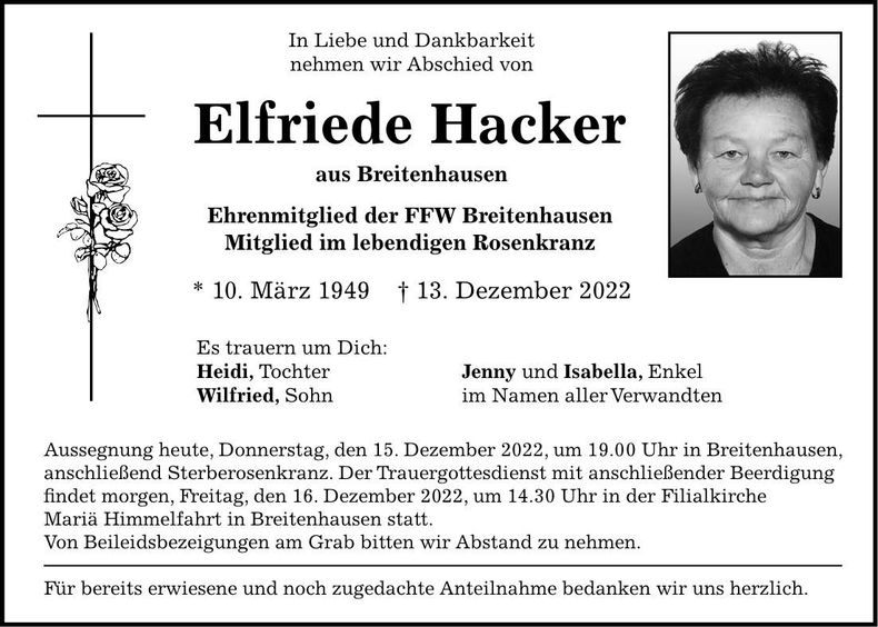 Traueranzeige Elfriede Hacker