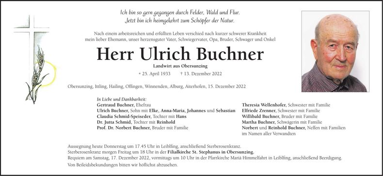 Traueranzeige Ulrich Buchner