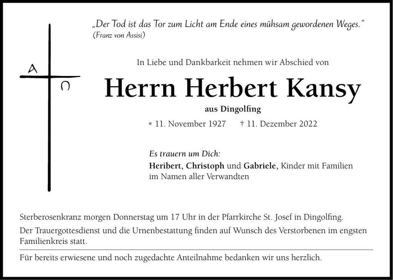 Traueranzeige Herbert Kansy