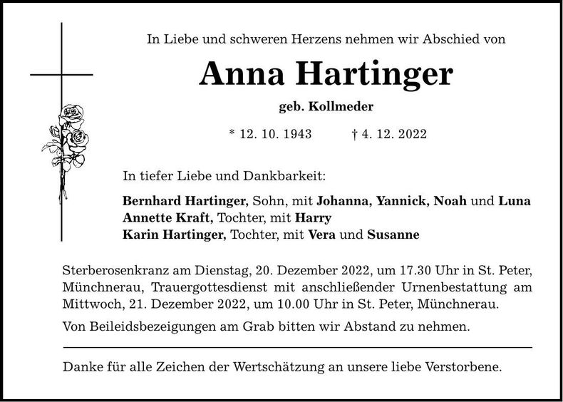 Traueranzeige Anna Hartinger