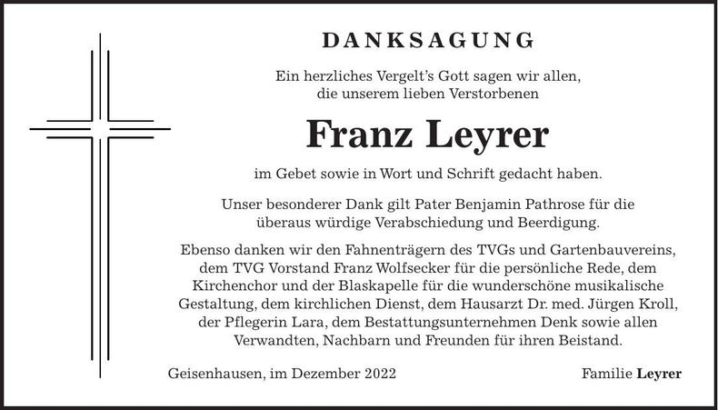 Traueranzeige Franz Leyrer