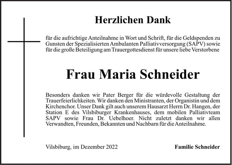 Traueranzeige Maria Schneider