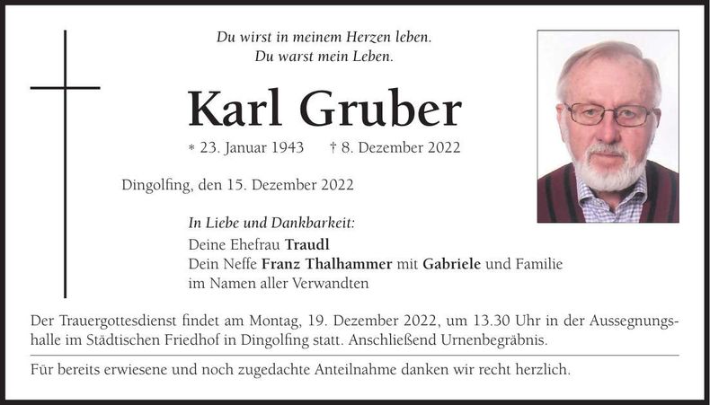 Traueranzeige Karl Gruber