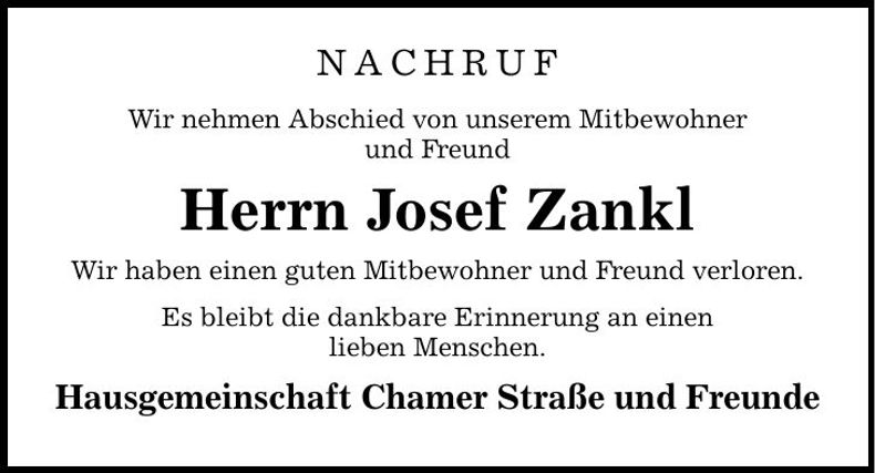 Traueranzeige Josef Zankl