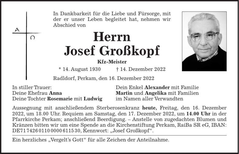 Traueranzeige Josef Großkopf