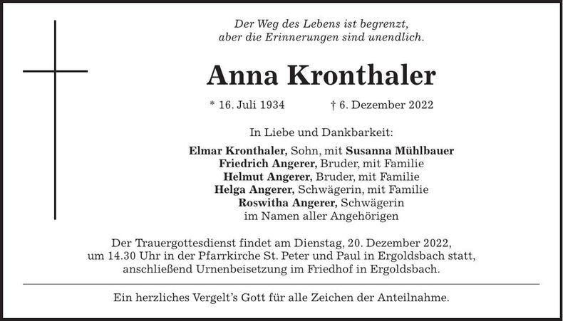 Traueranzeige Anna Kronthaler