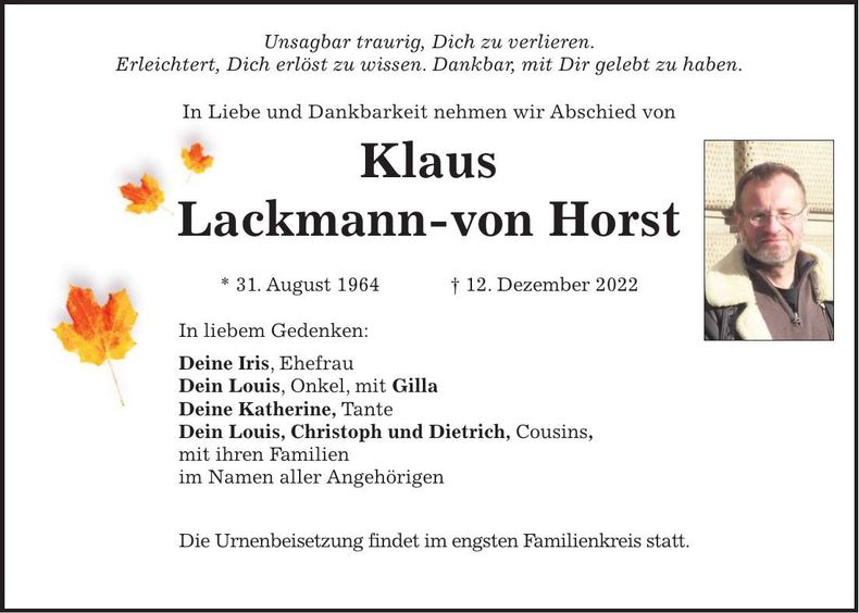 Traueranzeige Klaus Lackmann-von Horst