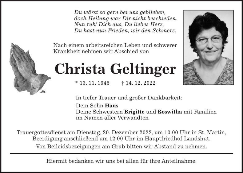 Traueranzeige Christa Geltinger