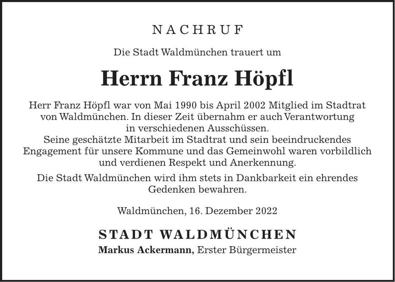 Traueranzeige Franz Höpfl