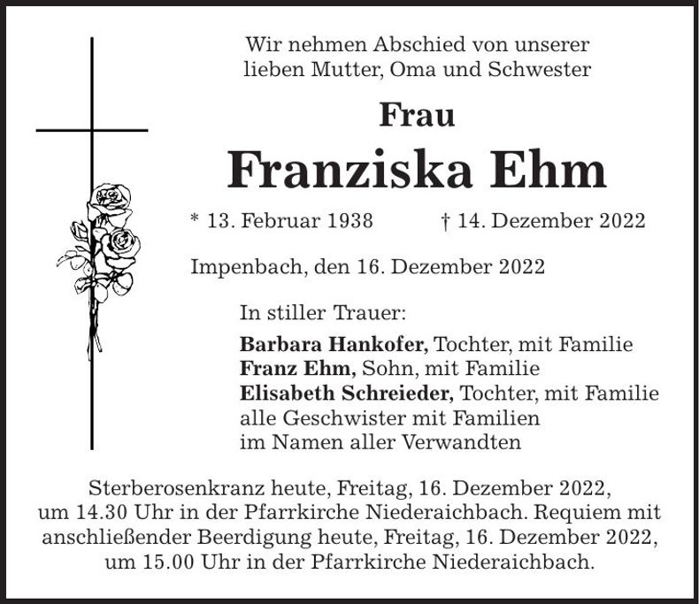 Traueranzeige Franziska Ehm