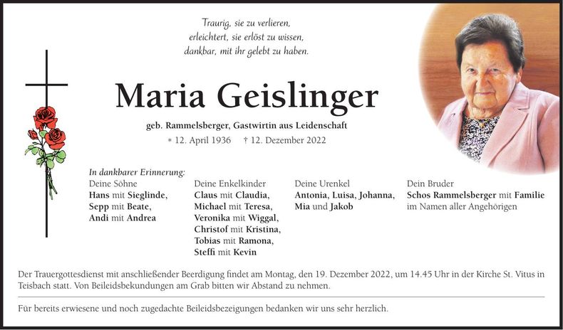 Traueranzeige Maria Geislinger