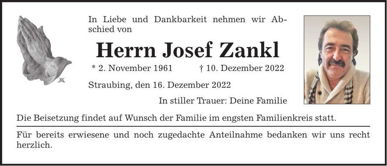 Traueranzeige Josef Zankl
