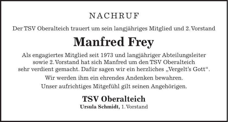 Traueranzeige Manfred Frey