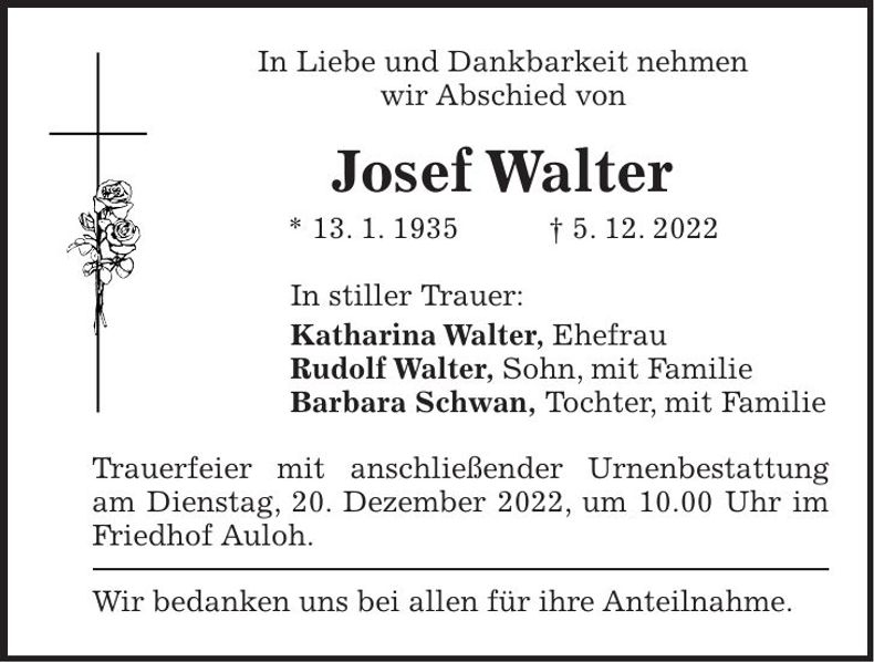 Traueranzeige Josef Walter