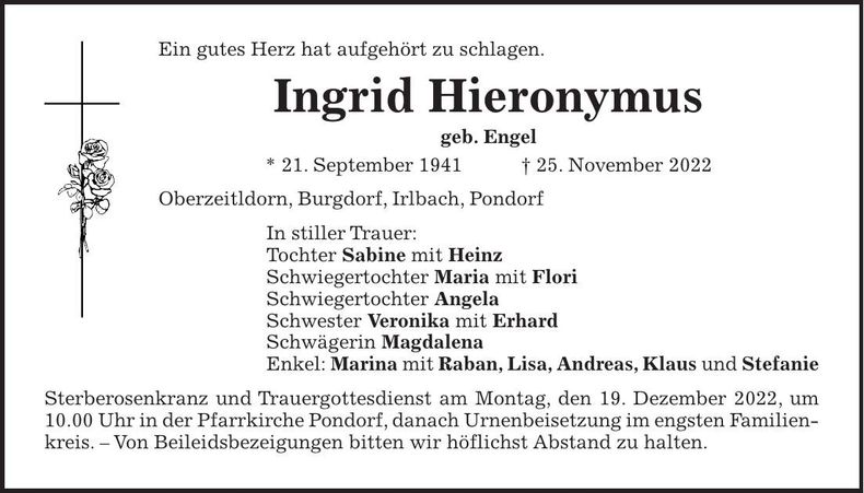 Traueranzeige Ingrid Hieronymus