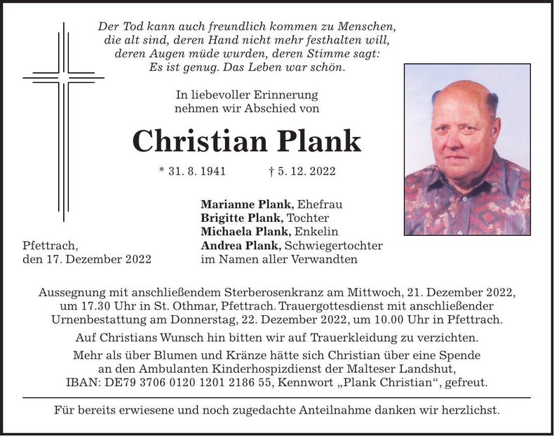 Traueranzeige Christian Plank