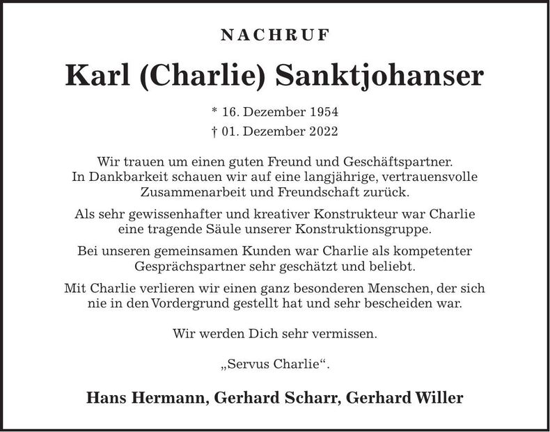 Traueranzeige Karl Sanktjohanser