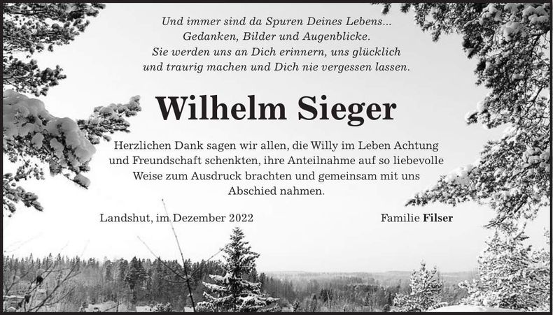 Traueranzeige Wilhelm Sieger