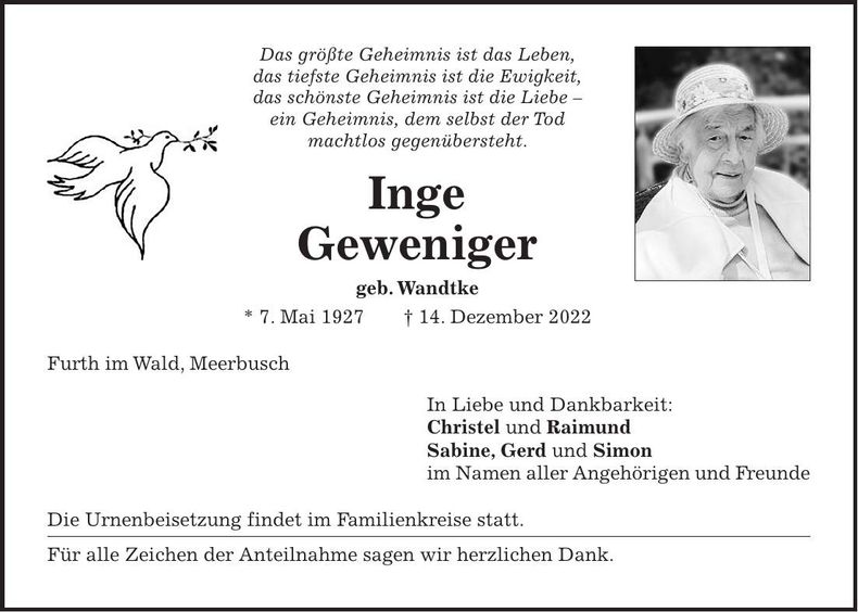 Traueranzeige Inge Geweniger