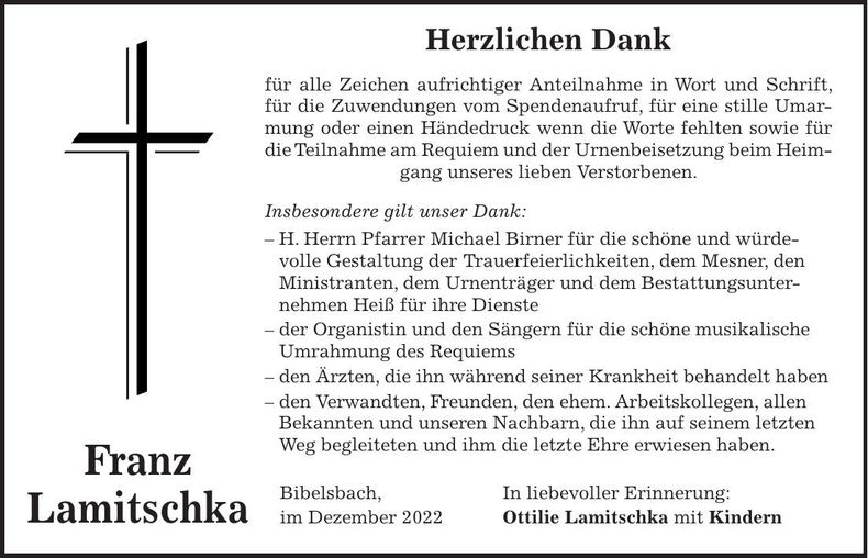 Traueranzeige Franz Lamitschka