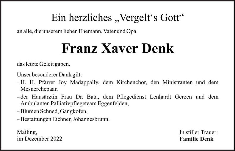 Traueranzeige Franz Xaver Denk