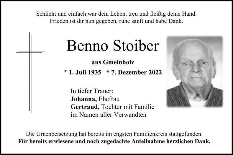 Traueranzeige Benno Stoiber