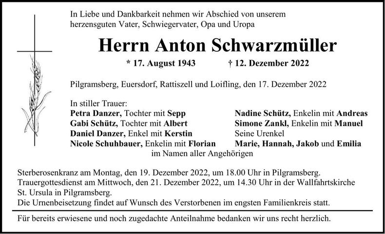 Traueranzeige Anton Schwarzmüller