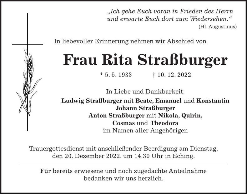 Traueranzeige Rita Straßburger
