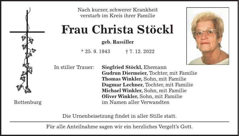 Traueranzeige Christa Stöckl