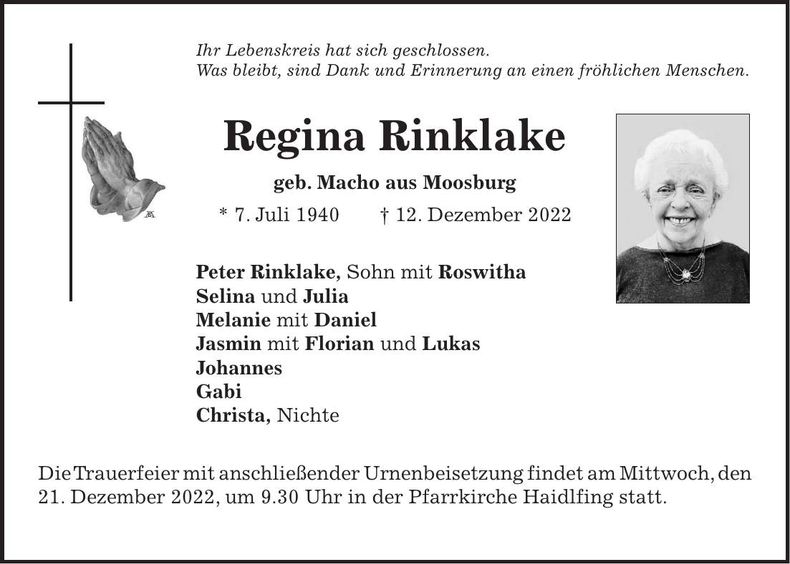 Traueranzeige Regina Rinklake