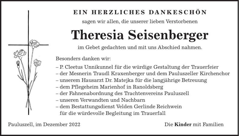 Traueranzeige Theresia Seisenberger