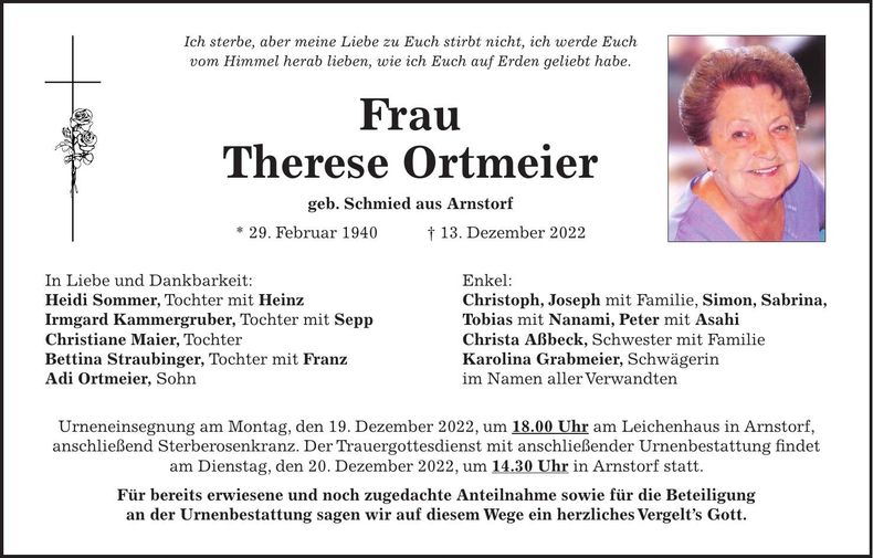 Traueranzeige Therese Ortmeier