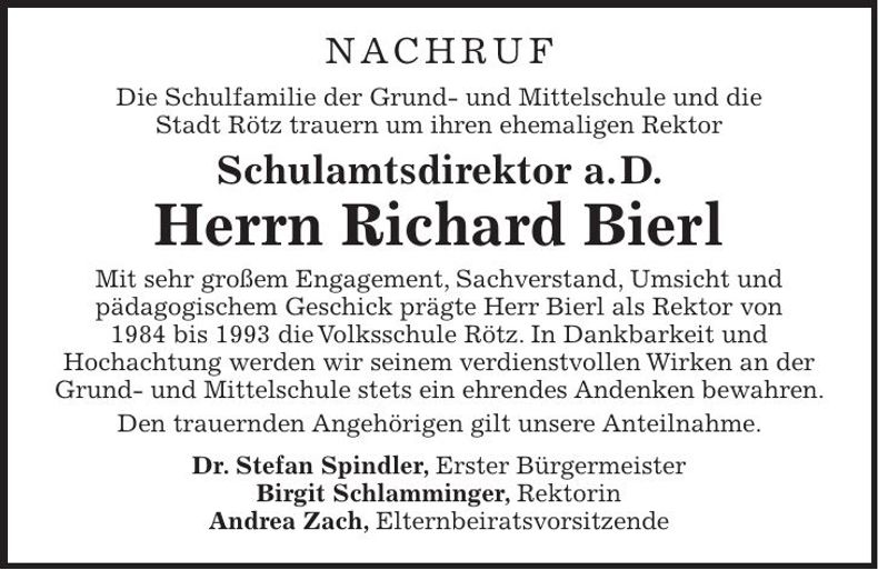 Traueranzeige Bierl Richard