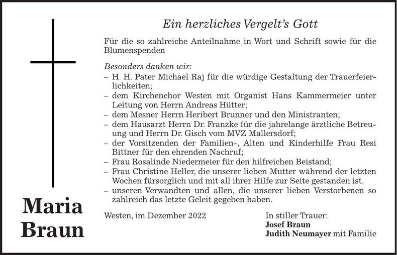 Traueranzeige Maria Braun