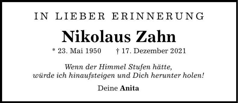 Traueranzeige Nikolaus Zahn