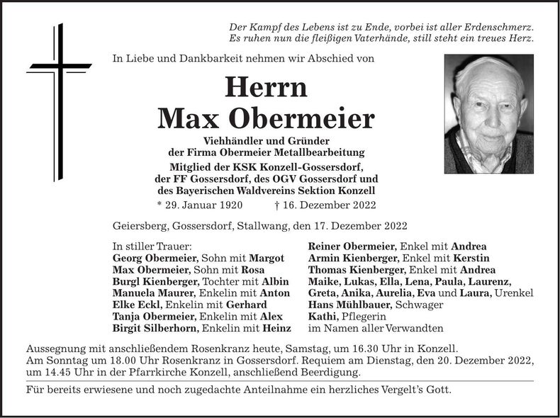 Traueranzeige Max Obermeier