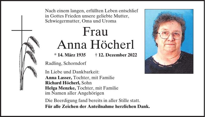 Traueranzeige Anna Höcherl