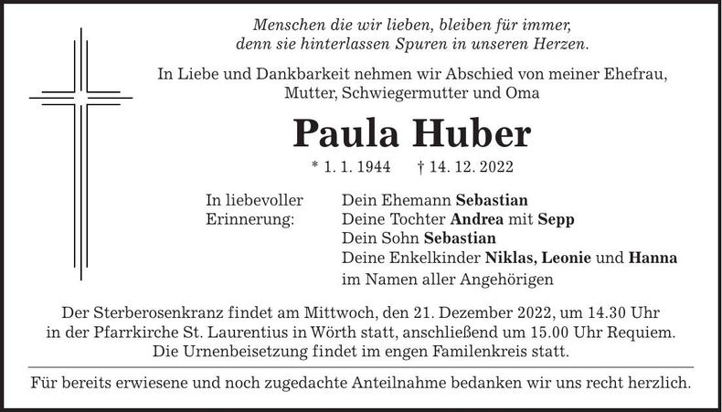 Traueranzeige Paula Huber