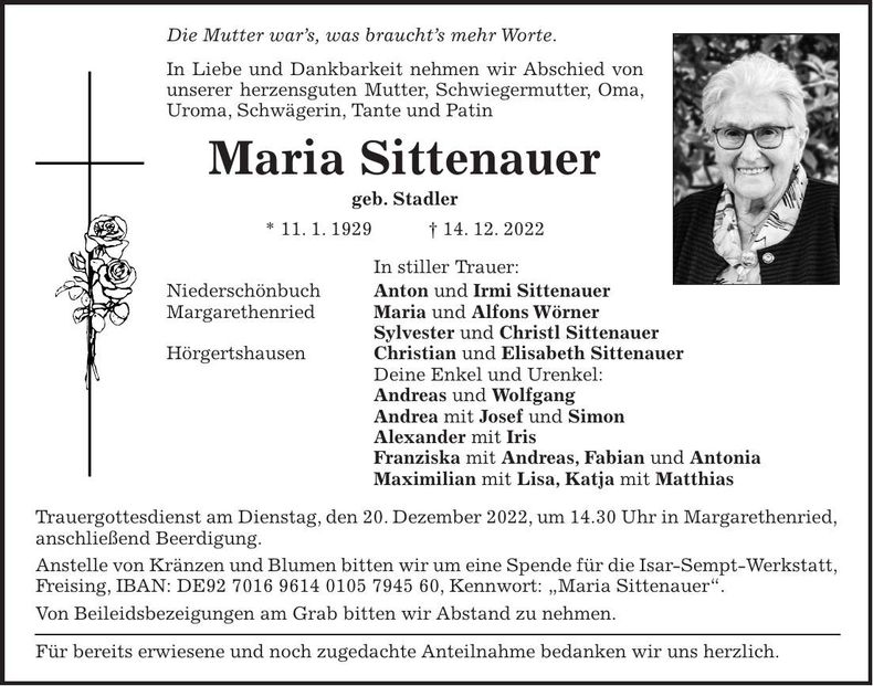 Traueranzeige Maria Sittenauer