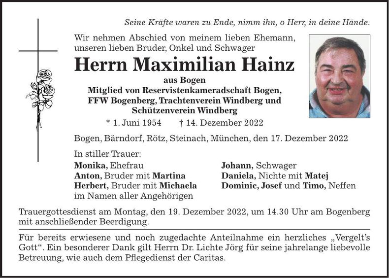 Traueranzeige Maximilian Hainz