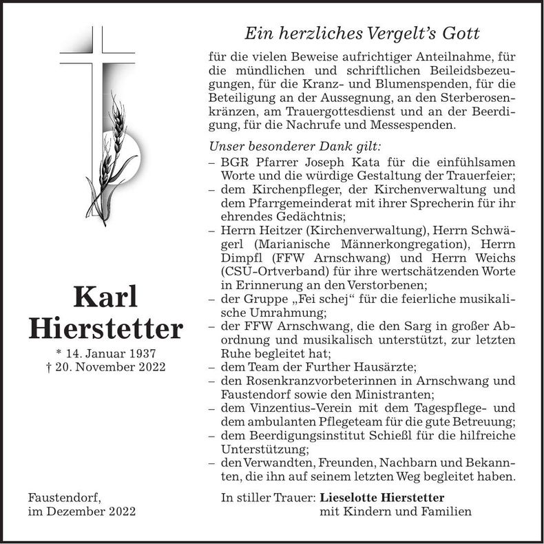 Traueranzeige Karl Hierstetter