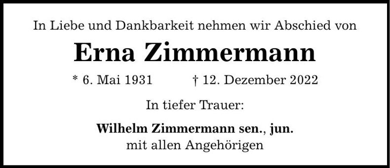 Traueranzeige Erna Zimmermann