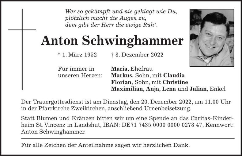 Traueranzeige Anton Schwinghammer