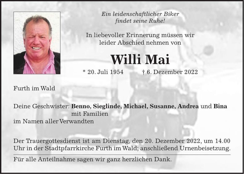 Traueranzeige Willi Mai