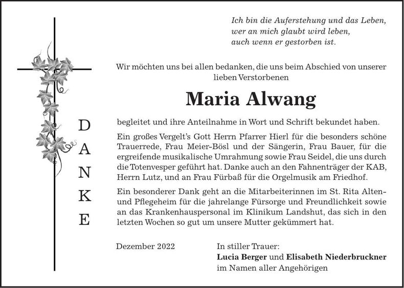 Traueranzeige Maria Alwang